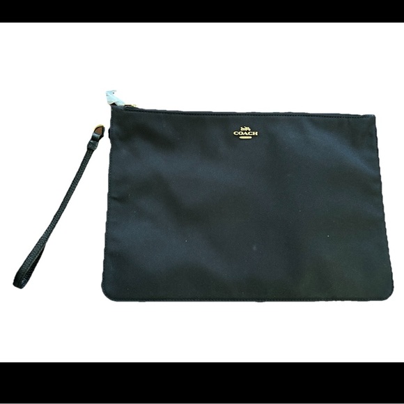 Coach large zip Pouch fabric with leather handle NWOT 12”x9” unisex black - Picture 1 of 9